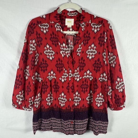 Maeve Anthropologie Woodland Walk Red Aztec Button Front Blouse Boho Womens 4 - Picture 1 of 5
